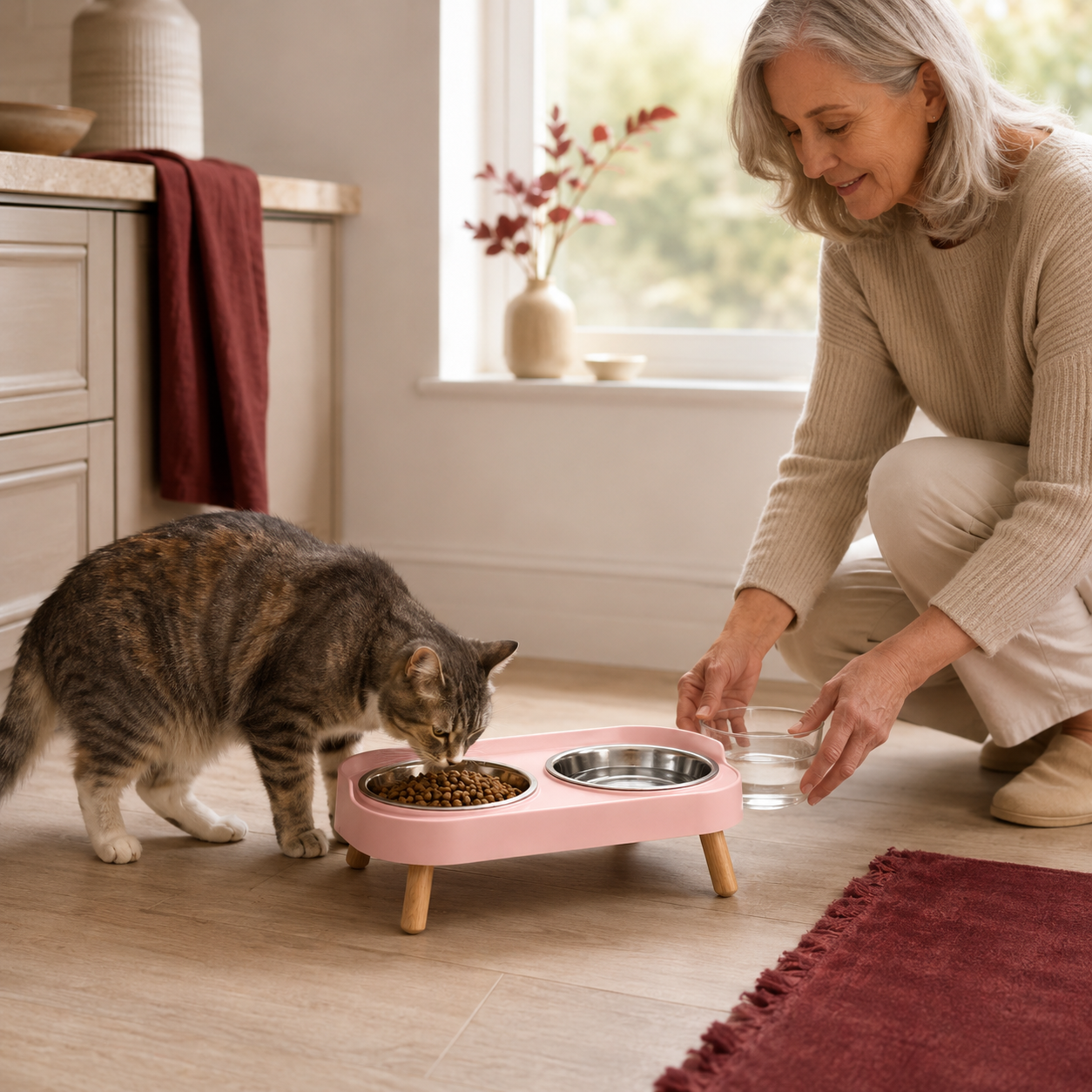 ComfortDine elevated food and water station used by an indoor cat