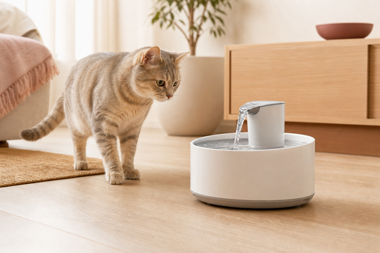 Indoor cat exploring a clean flowing water fountain