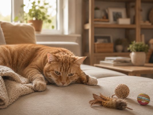 Bored indoor cat lying near an untouched toy