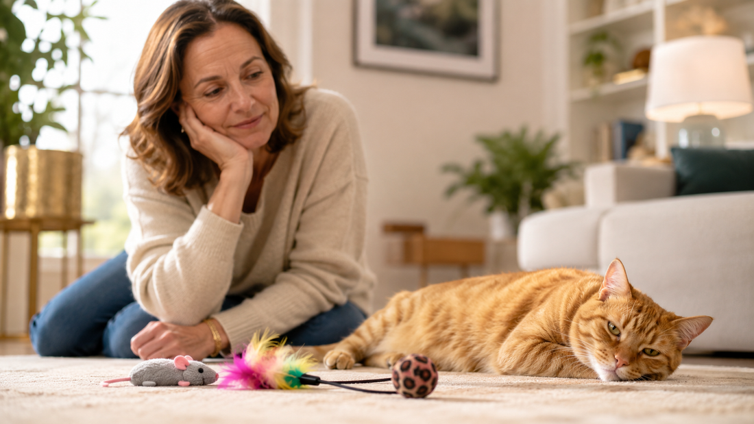 Cat parent watching a bored indoor cat lying beside ignored toys