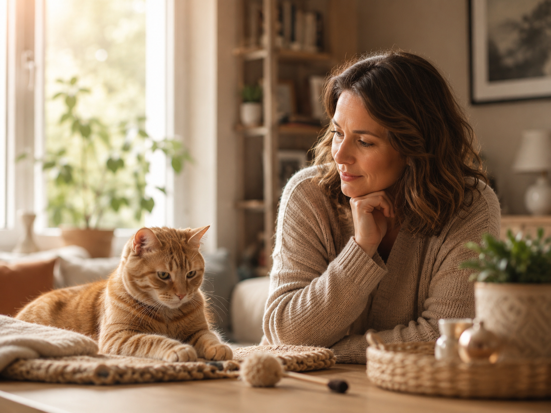Indoor orange tabby cat with cat parent noticing boredom at home