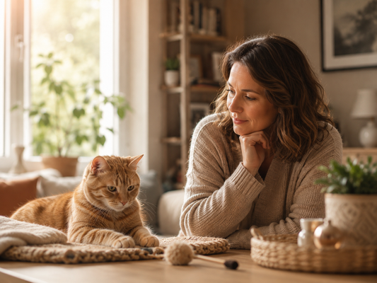 Indoor orange tabby cat with cat parent noticing boredom at home