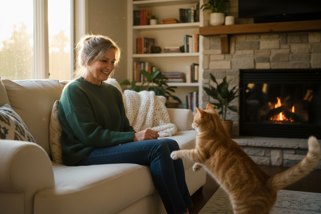 Cat parent helping indoor cat start playing again