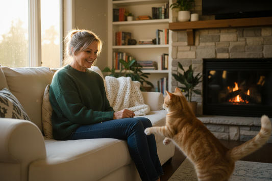 Cat parent helping indoor cat start playing again