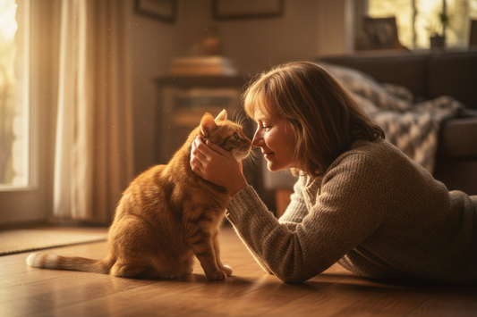 Cat parent bonding with indoor cat through daily care