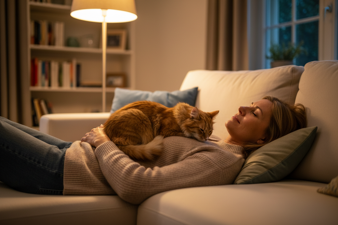 Cat parent playing with indoor cat for bonding and stress relief
