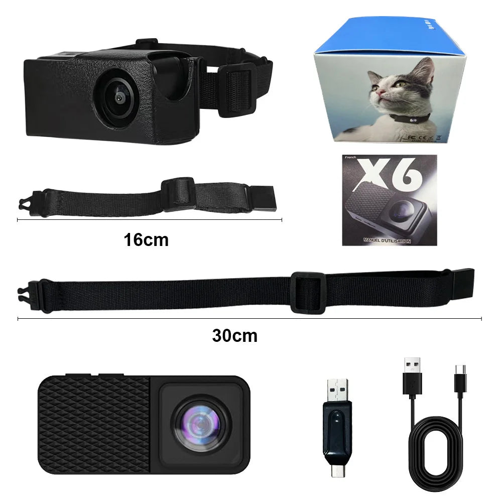 WhiskerView collar camera kit with adjustable straps, USB cable, and accessories