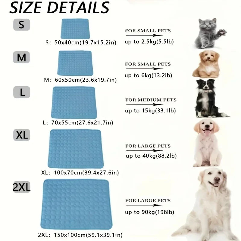 CoolNest cooling mat size guide with pet weight examples