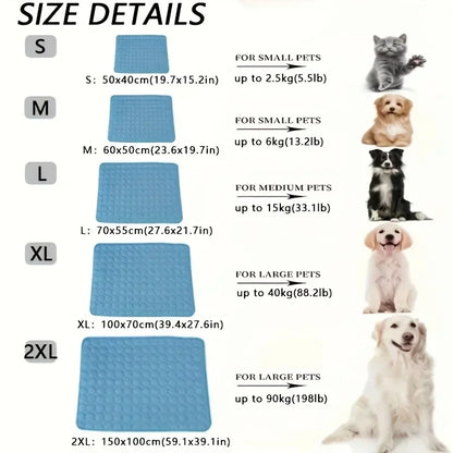 CoolNest cooling mat size guide with pet weight examples
