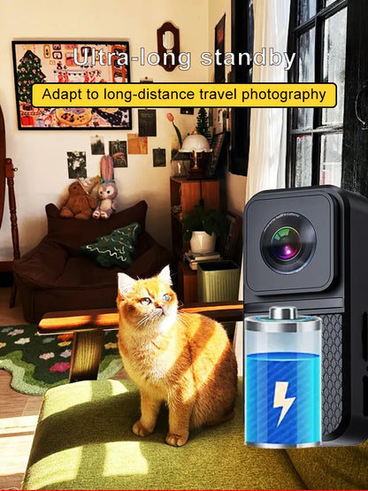 Orange cat beside WhiskerView camera and long-standby battery graphic