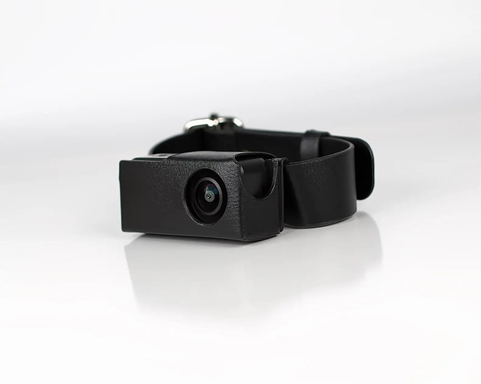 Black WhiskerView cat collar camera and adjustable collar on white background