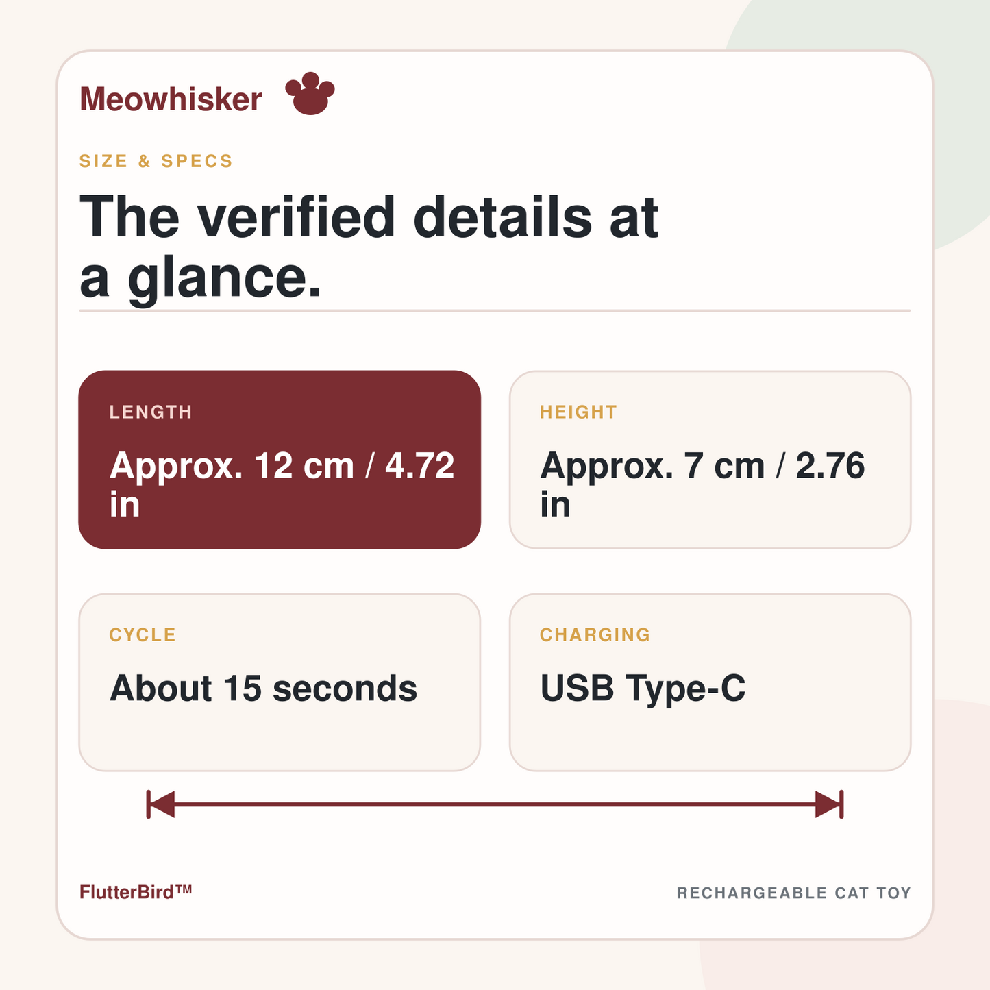 FlutterBird approximate dimensions and verified 15-second play cycle with Type-C charging