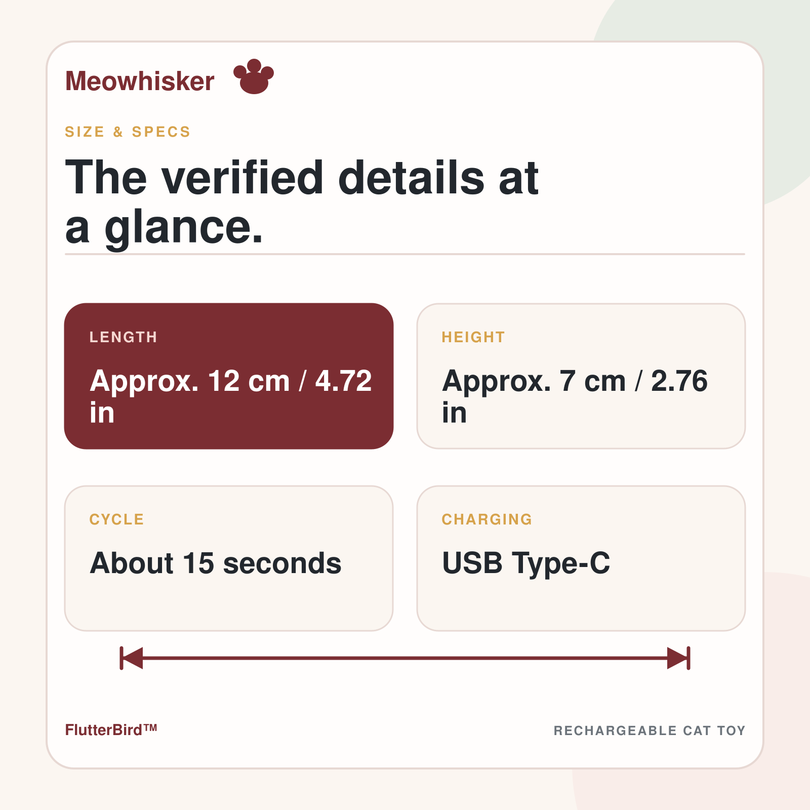 FlutterBird approximate dimensions and verified 15-second play cycle with Type-C charging