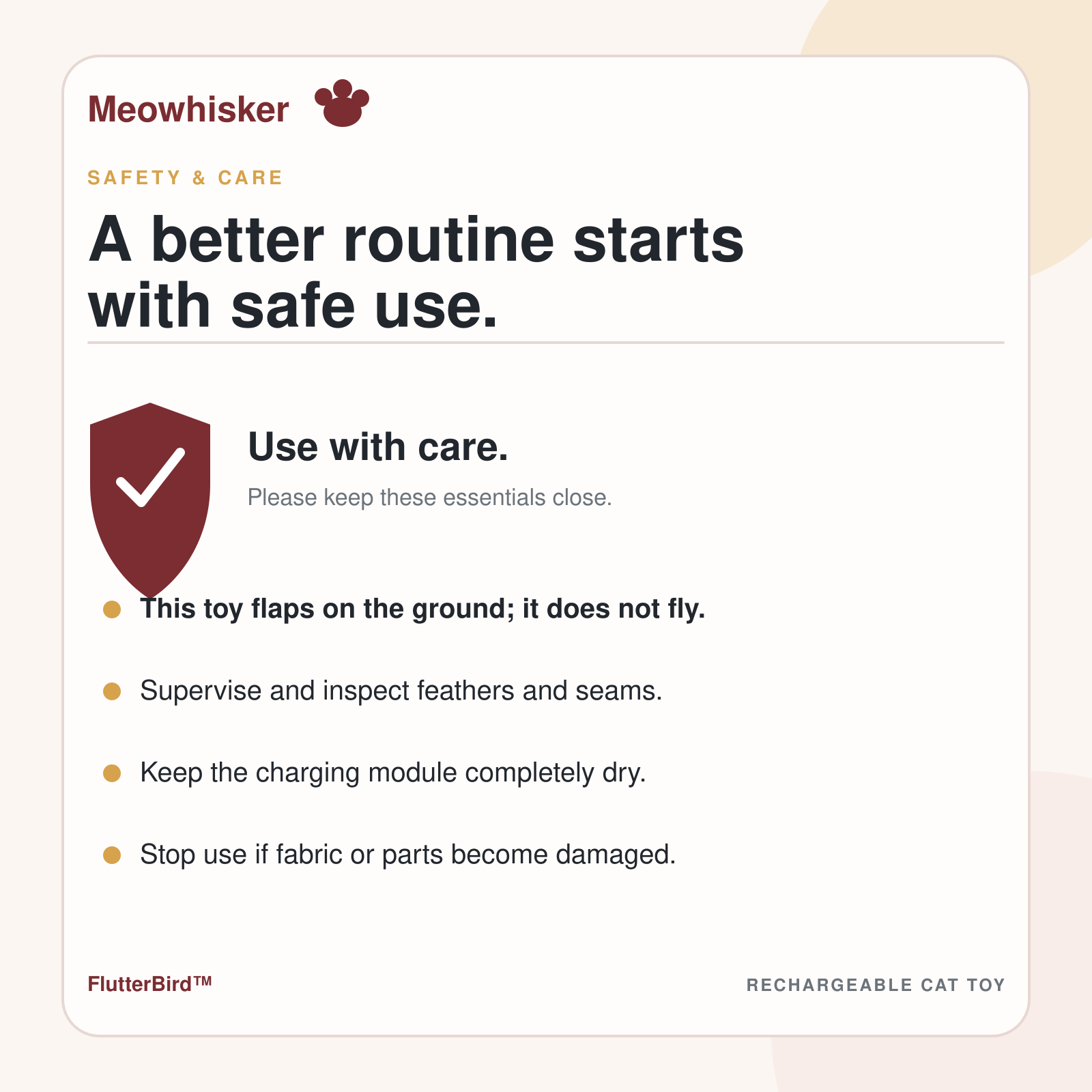 FlutterBird ground-use explanation, supervision, fabric inspection, and charging-module care