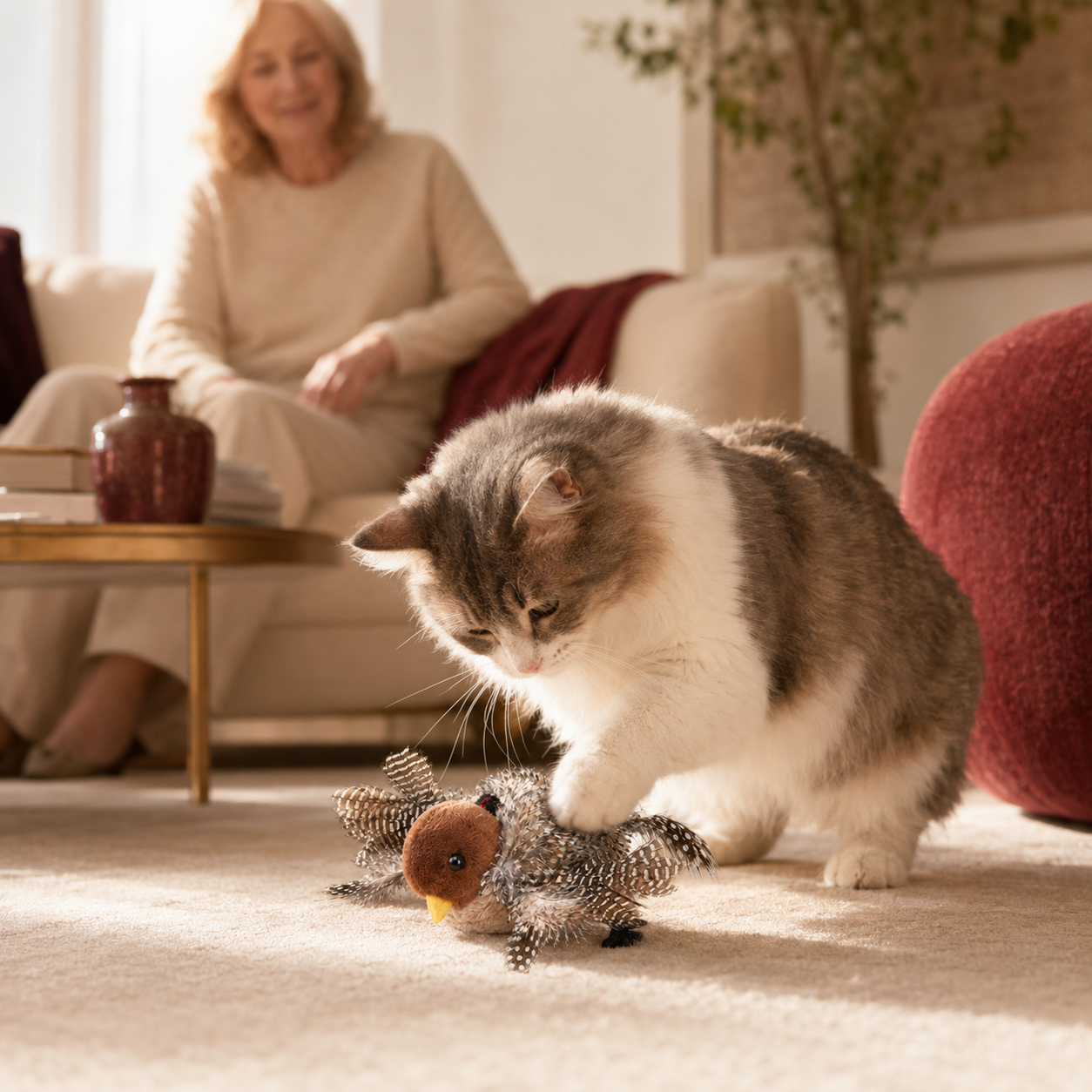 FlutterBird ground-flapping cat toy used during supervised indoor play