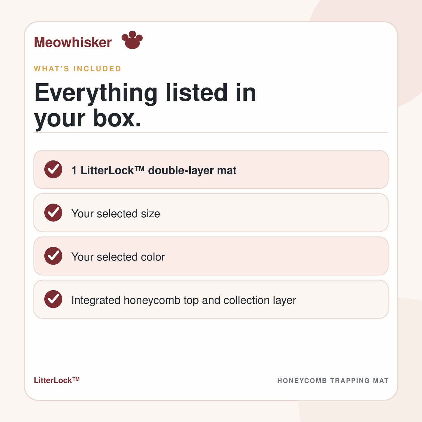 What is included with LitterLock: one double-layer mat in the selected size and color