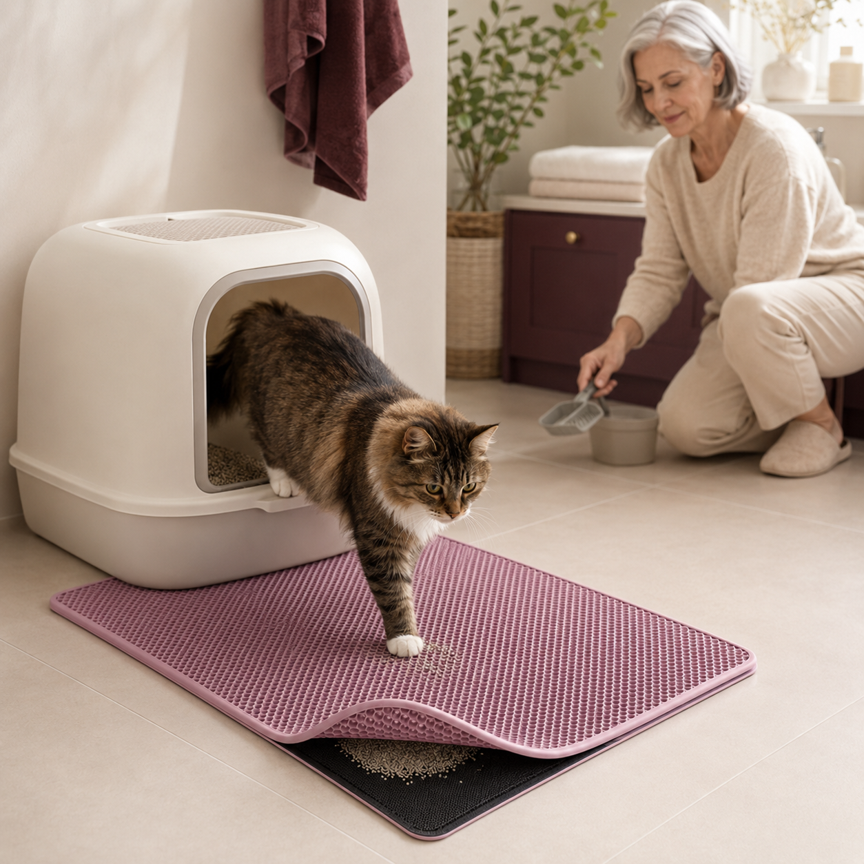 LitterLock honeycomb mat catching litter as a cat exits its litter box