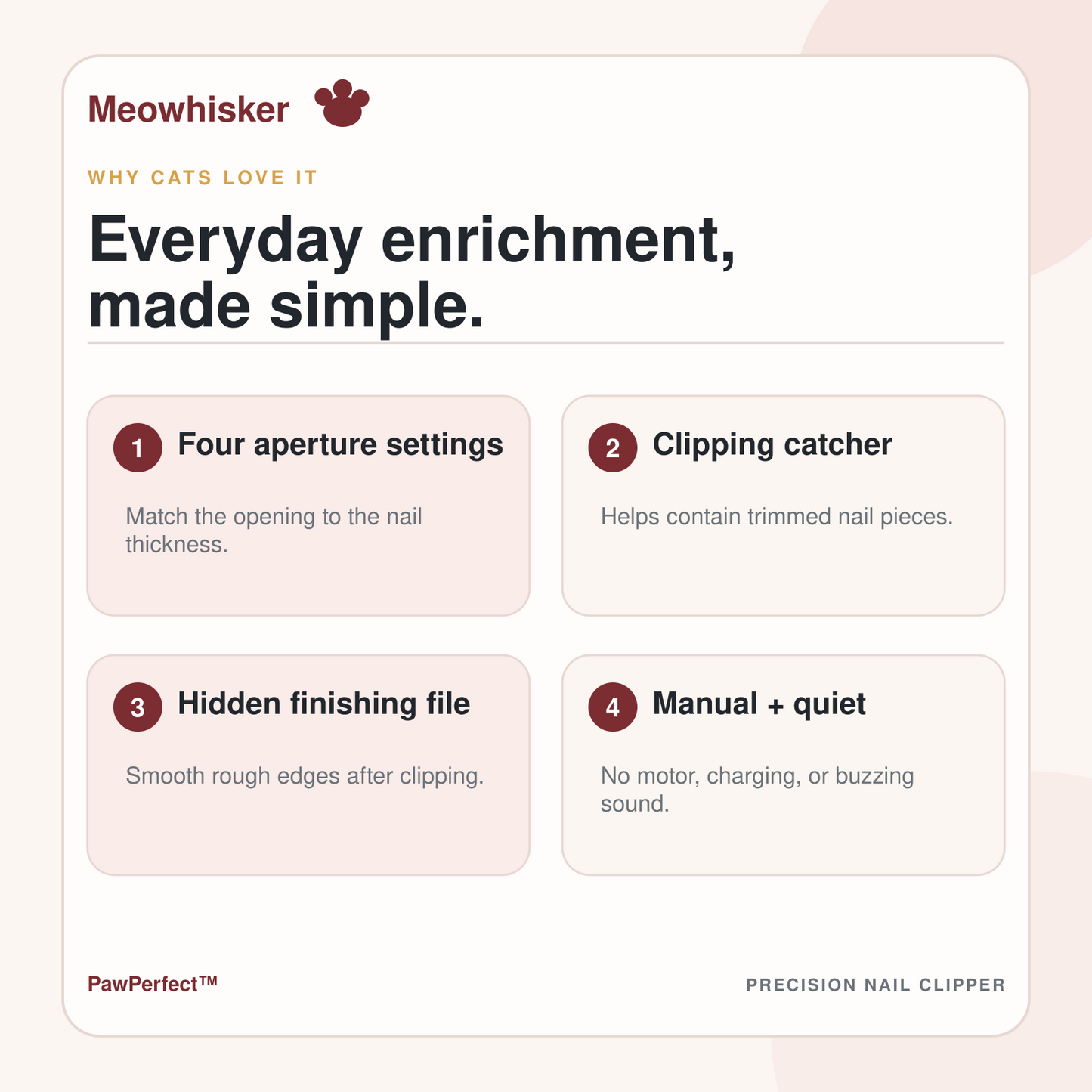 PawPerfect nail clipper features including four apertures, clipping catcher, hidden file, and quiet manual use