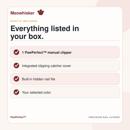 What is included with PawPerfect: manual clipper, clipping catcher cover, built-in file, and selected color