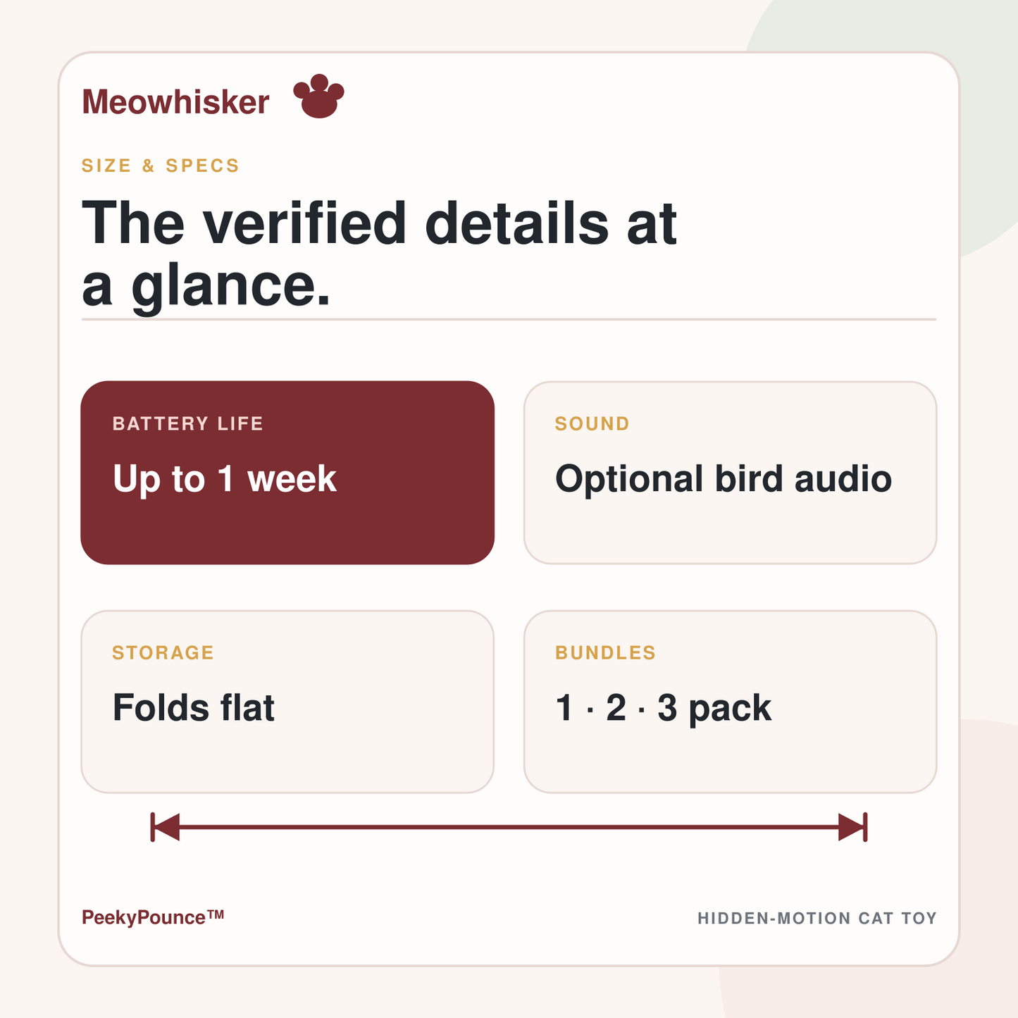 PeekyPounce verified specifications including up to one week of battery life, optional bird audio, folding, and bundle choices