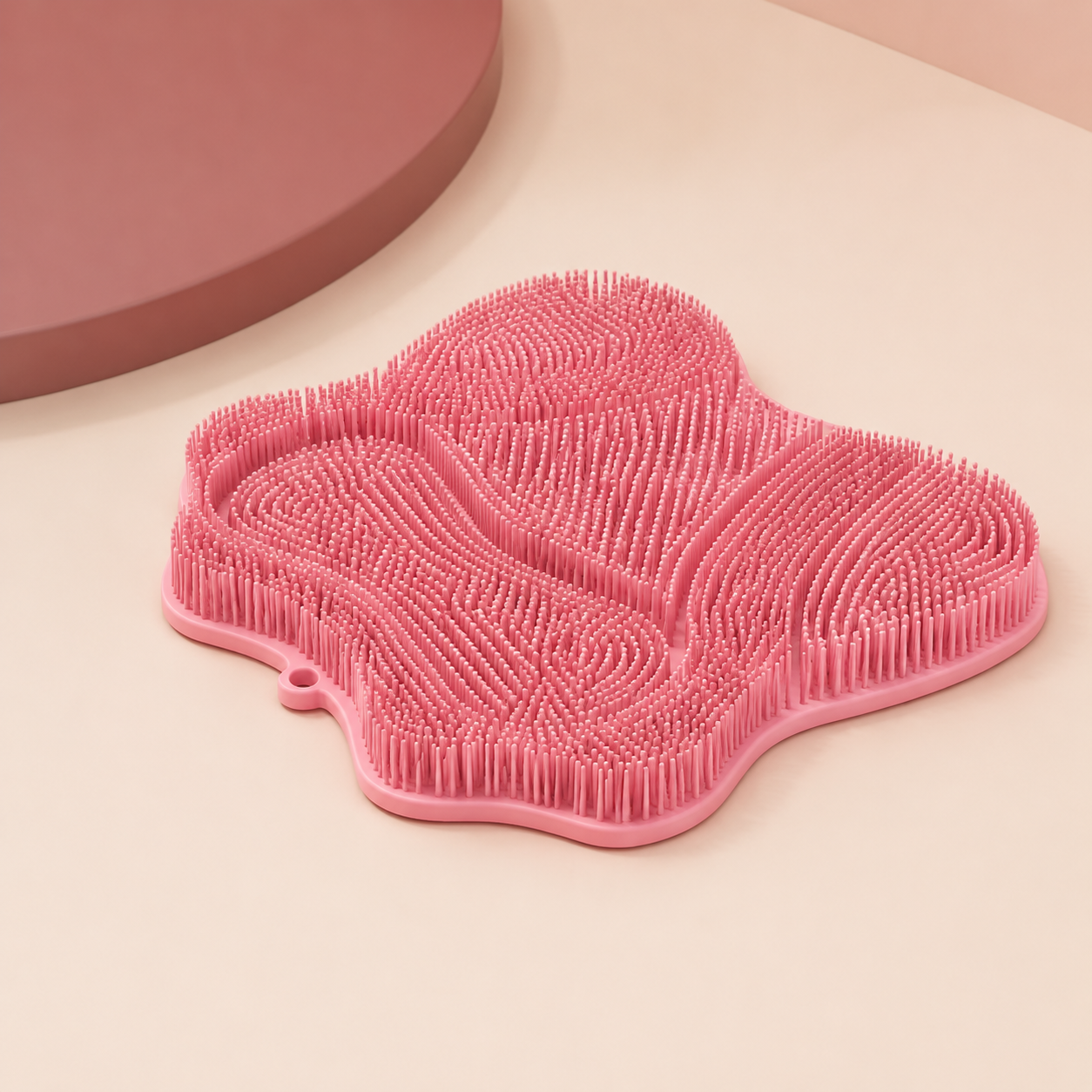 Pink PurrPad self-grooming and scratching mat with flexible bristles