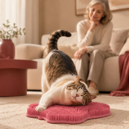 PurrPad self-grooming scratch mat used by an indoor cat under supervision
